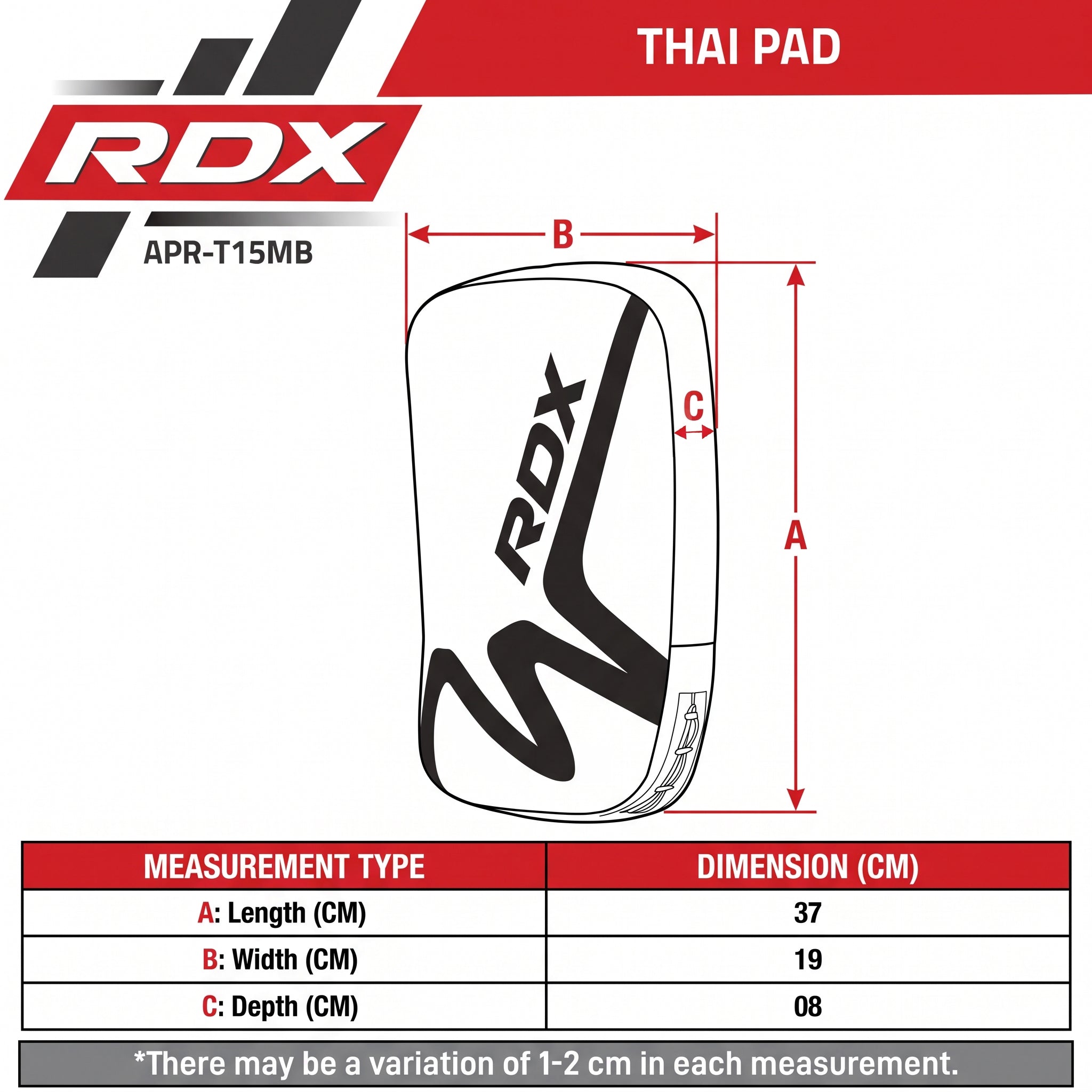 RDX T15 Noir Thai Pad Size Chart