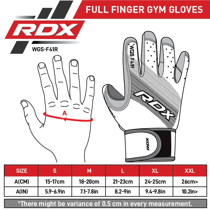RDX F41 Full Finger Long Wrist Support Strap Heavy Weight Lifting Gym Gloves Size Chart